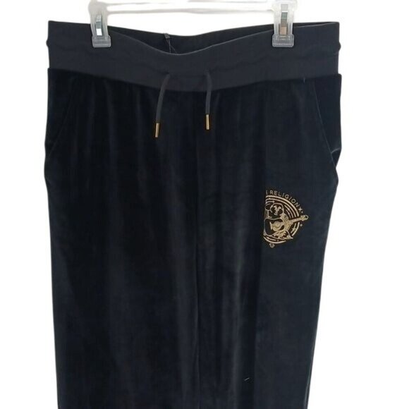 True Religion Womens L Black Velour Jogger Pants Gold Logo Drawstring Waist - Picture 2 of 6